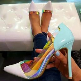 Dress Shoes Hologram Iridescent Women PVC Pumps Mixed Colors Fluorescent Patent Leather Patchwork Stiletto Heel 12CM 10CM 8CM