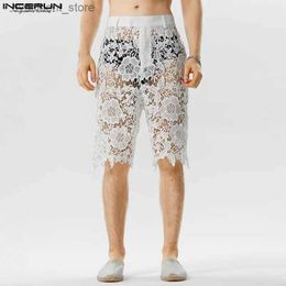 Men's Shorts American Style Mens Lace Printed Hollow Design Shorts Casual Party Show Hot Selling Sexy See-through Mesh Shorts S-5XL L240320