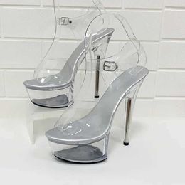 Dress Shoes Shuzumiao 34-43 Summer Sexy Super High Heels 15CM Stiletto Waterproof Platform Sandal Transparent Crystal Wedding Shoe for women H24032150N4