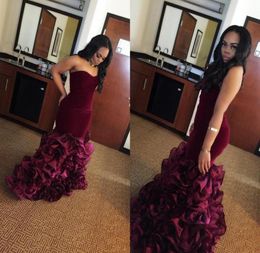 Modest Burgundy Long Mermaid Evening Dresses Rose Floral Flowers Tiered Sweetheart Velvet Plus Size Formal Party Prom Gowns Vestio1859104