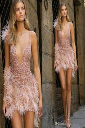 Berta Pink 2019 Short Cocktail Dresses With Feather Sparkly Beaded Deep V Neck Prom Evening Gowns Party Occasion Dress6961062