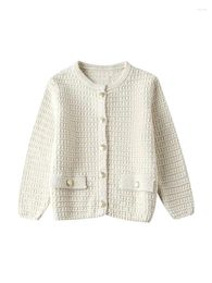 Women's Knits 2024 Spring Fashion Golden Buttons White Kniited Short Cardigans Casual O-Neck Single Breasted Eleastic Sweaters