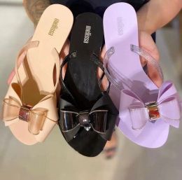 Flops Summer 2023 Women's New Melissa Double Bowknot Flipflops Sweet Girl Candy Color Beach Shoes Adult Flat Jelly Shoes