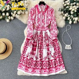 Casual Dresses Elegant Vintage Red Printed A-line Shirt Dress Fall/Winter 2024 Women's Fashion European Court Style Slim Waist Party