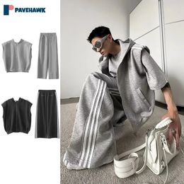 Korean Men Casual Set Summer Sweatshirt Sleeveless Stripe Hooded Vest Pants Two Piece Sets High Street Harajuku Streetwear Suits 240311