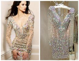 Bling Rhinestone Homecoming Cocktail Dresses Party Gowns Sexy Deep V Neck Long Sleeve Short Special Occasion for Women2219014