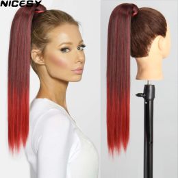 Ponytails Ponytails Long Straight Ponytail Wrap Around Clip in Synthetic Hair Wine Red Blonde Natural Mixed Ombre Colour New Hairpiece