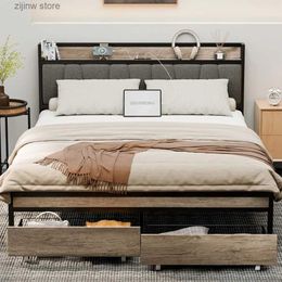 Other Bedding Supplies Large bed frame platform bed frame with shelf top and charging station USB port and power socket industrial large bed frame Y240320