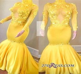 2019 New Yellow Long Sleeve Prom Dresses Mermaid High Neck Vintage African Evening Gowns See Through Keyhole Vestidos de fiesta BC4855848