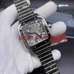 High quality Skeleton dial watch stainless steel 38mm battery quartz movement thin case Wristwatch see through glass back men watc216V