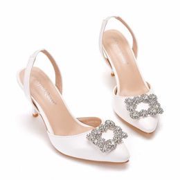 Hip 7 Cm Summer Sandal Shallow Mouth Pointed White Sandals Heel Women Rhinestone Square Buckle Wedding Shoes Bridal Dress Shoes 240228