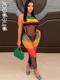 PinePear Colourful Striped Patchwork Knitted Summer Beach Cover Ups For Women Sexy Fishnet Beachwear Halter Backless Maxi Dress