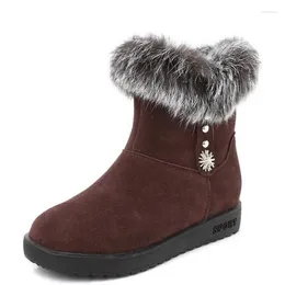Boots Real Rabbit Fur Frosted Cowhide Winter Leather Snow Shoes Warm Ankle Flat Large Size Fashion Women