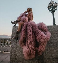 Dusty Pink Front Split Ruffles Sleeves Tulle Prom Dresses Summer Wear Chic Tiered Long Sleeve See Thu Outfit Party Dress To Po 8258095