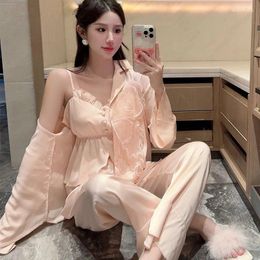 Women's Sleepwear 2024 Sweet And Pure Butterfly Pyjama Women With Sexy Ice Silk Suspender Pyjamas Three Piece Set Cute For Home Wear