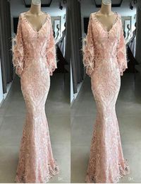 Yousef Aljasmi 2020 Evening Dresses V Neck Lace Appliqued Pink Feather Mermaid Prom Gowns Long Sleeves Sweep Train Special Occasio8915046