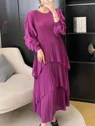 Casual Dresses LANMREM Layered Pleated Dress Women Round Neck Ruffles Sleeves Stitching Solid Colour Female Trendy Clothing 2024 Spring