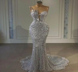 Sparkly 2021 Sequined Silver Mermaid Prom Dresses Aso Ebi Arabic Jewel Neck African Beaded Evening Gowns Plus Size Reception Secon9983528