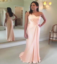 New Simple Cheap but Elegant One Shoulder Blush Pink Evening Gown Pleat Chiffon Floor Length Mermaid Long Prom Dresses2929022