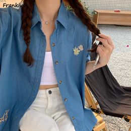 Women's Blouses Shirts Women Chic Clothing Comfortable Sweet Vintage Casual Embroidery Korean Style Youthful Daily Summer All-match College