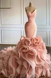 Custom Made Blush Pink Mermaid Wedding Dresses 2021 Sweetheart V Neck Tiered Skirt Ruffles Princess Trumpet Vestidos De Novia Brid5188316