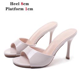 Dress Shoes 2022 Voesnees Luxury Design Slides Women 8cm High Heels Mules Fetish Summer Prom Sandals Stiletto Slippers Stripper H240321SGU6