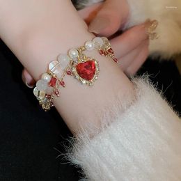 Charm Bracelets Light Luxury OT Buckle Zirconia Crystal Love Heart Pendant Beaded Bracelet For Women French Fashion Sweet Hand Ornament