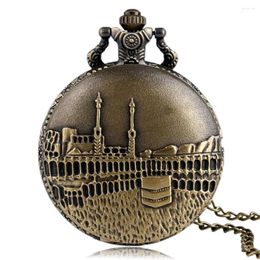 Pocket Watches Castle Architecture Bronze Necklace Watch Quartz Analog Clock Old Fashion Pendant Chain Timepiece Gifts Men Women