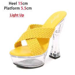 Dress Shoes LED Light Up Transparent High Heels 15CM Square Heel Summer Sandals Womens Platform Luminous Club Fashion Weave Slippers H240321CPFMKOVQ