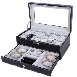 Cases Fashion Watch Box Double Layer 12 Detachable Slot Watch Organizer Storage Box Collection Faux Leather Watch Box With GlassTop