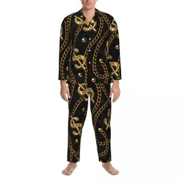 Men's Sleepwear Gold Chain Print Pyjamas Set USA Dollar Sign Cute Men Long-Sleeve Casual Loose Bedroom 2 Piece Nightwear Large Size