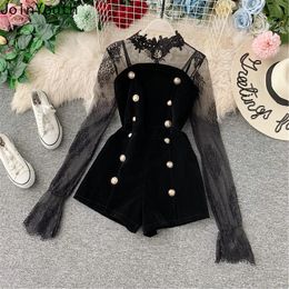Two Piece Outfits Lace Tulle Pullover Flare Sleeve Shorts Gold Velvet Button Black Sets Fashion Clothes Female Pants Set 240311