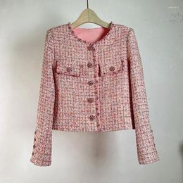 Women's Jackets Pink Small Fragrance Short Coat Spring High Quality Beaded Long-sleeved O Neck French Sweet Tweed Jacket Female