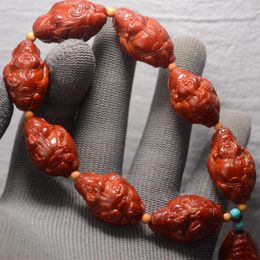 Strand Olive Nut Carved Blessing God Of Wealth Chicken Blood Ruby Material Stone Carving Bracelet
