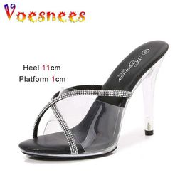 Dress Shoes Sexy PVC Transparent Slippers Women 2023 New Shiny Rhinestone Sandals Summer 11CM Fashion High Heels Big Size 34-43 Party H240325