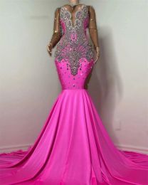 Hot Pink Sier Rhinestone Prom Blackgirl Mermaid Party Dress Women Elegant Bead See Thru Formal Gowns