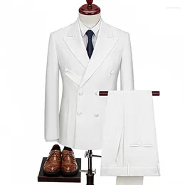 Men's Suits 2 Piece Wedding White Brand High-end Solid Fashion Casual Dress Jacket Party Costumes And Pants