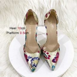 Dress Shoes 2023 New Gold Embroidered High Heels 12CM Side Empty Fashion Wedding Party Sexy Pointed Toe Womens Elegant Summer Sandals H240321BAHE