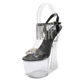 Dress Shoes Summer Women Fashion Dancing High Heels Sparkling Tassel Drill Nightclub Model Catwalk Sexy Transparent Crystal Sandals H240321BCVW