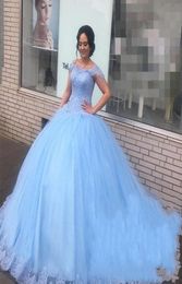 New Light Blue Lace Sweet 16 Quinceanera Dresses Ball Gown Off Shoulder Beaded Puffy Tulle Masquerade vestidos 15 anos Birthday Pr9320035