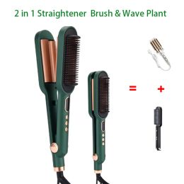 Irons 2 In 1 Hair Straightener Brush Hair Curling Iron Ceramic Negative Ion Hair Waver Curlers Hair Styling Tools with LCD Display