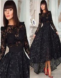 Nuovo Vestido Nero Lungo A Line Elegante Abito da sera da ballo Girocollo Manica lunga in pizzo Hi Lo Abito da festa Abiti per occasioni speciali Even4793687