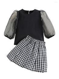 Clothing Sets Toddler Girl 2 Piece Outfit Mesh Long Sleeve Shirt And Plaid A-Line Skirt For Fall Clothes