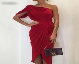 Red One Shoulder Short Sheath Cocktail Dresses 2020 Ruched Ruffles Elegant Knee Length Formal Party Evening Prom Dress1402356