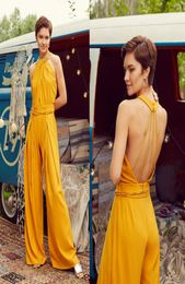 Yellow Jumpsuits Evening Dresses Halter Neck Beaded Sash Belt Sleeveless Prom Dresses Ruffle Floor Length Custom Made Formal Party1424026
