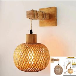 Wall Lamp Bamboo Lantern Natural Rattan WickerE27Chandeliers Hand-Woven Room Decor Lampshades Light Fixtures Nordic