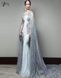 Lebanon Blue Grey Evening Dress Lace Floor Length Cape Clock Appliques Beaded Prom Formal Maxi Gowns Vestido de festa Women Party 4285164