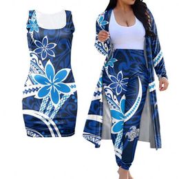 Women 3 Piece Clothing Set for Long Coat Short Party Bodycon Dress Plus Size Hawaii Tribal Polynesian Style