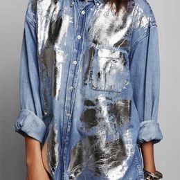 Women Fashion Denim Shirt Long Sleeve Turn Donw Collar Metallic Coated Button Down Pocket Retro Casual Female Shirts 240301