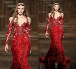 Zuhair Murad Evening Dresses Red Lace Appliques Feathers Beaded Jewel Neck Long Sleeve Mermaid Prom Dress Custom Made Formal Party7046222